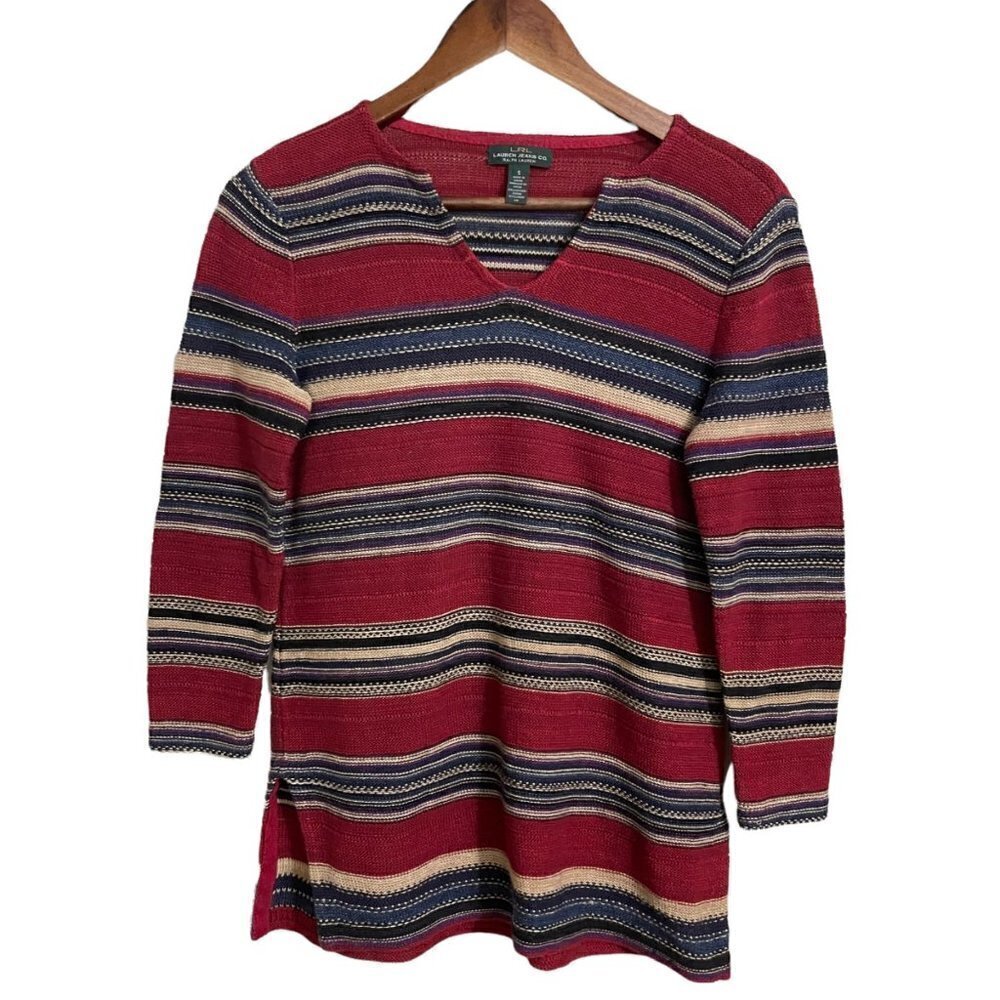 Lauren Jeans Co Womens Red Striped Cotton Linen Western 3/4 Sleeve Sweater Small
